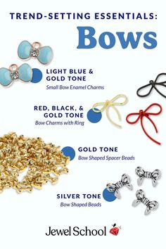 Four different types of bow-themed jewelry supplies including charms, pendants and beads against a light blue background. Bow Light, Trending Jewelry, S Jewelry, Beaded Jewels, Small Bows