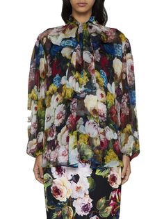 100% Silk Designer Long Sleeve Blouse With Floral Print, Elegant Multicolor Blouse With Blouson Sleeves, Elegant Multicolor Floral Print Tops, Designer Multicolor Floral Print Blouse, Multicolor Print Long Sleeve Silk Blouse, Luxury Silk Shirt With Floral Print, Multicolor Print Long Sleeve Silk Top, Luxury Multicolor Floral Print Blouse, Dolce And Gabbana Shirts