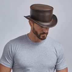 Unbanded Brown Marlow Top Hat by American Hat Makers Rugged Leather Hat Bands, Brown Leather Top Hat For Rodeo, Steampunk Leather Hat Band With Short Brim, Brown Leather Top Hat With Short Brim, Leather High Crown Top Hat For Rodeo, Vintage Leather Hat With High Crown, Vintage Leather Top Hat With Short Brim, Fitted Leather Hat With High Crown, Vintage Leather Hat Bands For Flat Crown