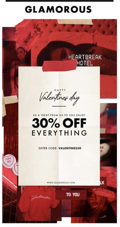 an advertisement for the valentine's day sale is shown in red and black colors