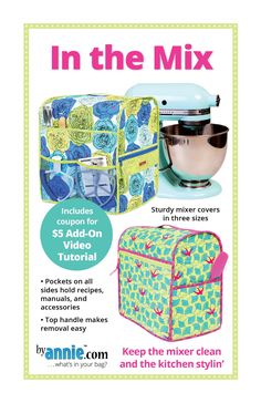 Please note that the Standard Free shipping for a single By Annie's pattern is via USPS stamped mail.  A tracking number will NOT be provided unless multiple items from our shop are ordered in a single transaction.  Keep your mixer clean and the kitchen pretty with a sturdy quilted mixer cover. Pockets on all sides hold manuals, accessories, recipes, and more. A handle at the top makes it easy to remove the cover. The pattern includes complete instructions for covers in three sizes to fit popular mixers. The pattern and Add-on Video include instructions for measuring your mixer and making adjustments if needed. FINISHED MIXER COVER SIZES: SMALL: 12¾"H x 9"W x 13½"D (fits smaller tilt-head stand mixers such as KitchenAid Artisan®️ Mini 3.5 qt) MEDIUM: 14¼"H x 9"W x 14"D (fits tilt-head mixe Cricut Stand Mixer, By Annie Bags, Mixing Bowl Cover, Sewing Machine Cover Pattern, Dressmaking Patterns, Stand Mixers, Mixer Cover, Kitchenaid Artisan, Sewing Machine Cover