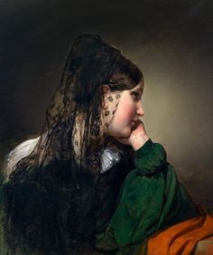 an oil painting of a woman wearing a veil and holding her hand to her face