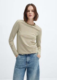 Striped long sleeves t-shirt - Women | Mango USA Striped Shirt Women, Turtleneck T Shirt, Knitted Tshirt, Striped Tee, Tweed Jacket, Scarf Print, Striped Long Sleeve, Striped Shirt, Neck T Shirt