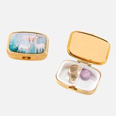 two pill boxes with animals in them sitting next to each other