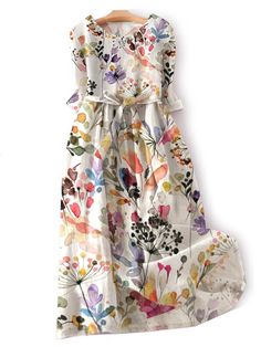 Literary And Elegant Print Tie Dress Multicolor Bohemian Dress For Spring, Multicolor Bohemian Boho Dress For Spring, Casual Boho Dress For Garden Party, Multicolor Cotton Boho Dress For Summer, Bohemian Multicolor Maxi Dress For Spring, White Bohemian Boho Dress For Spring, White Hippie Dress With Floral Print, Spring Festival Multicolor Print Maxi Dress, Multicolor Boho Dress For Spring And Summer