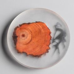 a white plate topped with an orange slice of wood