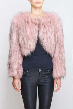 Fox Fur cropped jacket, Hook and eye closures. No pockets. A best seller in previous seasons. Chic Cropped Winter Jacket, Trendy Cropped Pink Outerwear, Trendy Pink Cropped Outerwear, Chic Cropped Pink Outerwear, Chic Pink Cropped Outerwear, Cropped Winter Outerwear, Pink Cropped Outerwear For Fall, Lux Fashion, Pink Fox