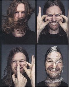 four different pictures of a man with his hair in the air and face covered by tin foil