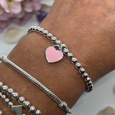 Pink Heart Bracelet, Pink Heart Jewelry, Silver Beaded Bracelet, Pretty Accessories, Pink Lifestyle, Sterling Silver Bead Bracelet, Bracelet Heart, Wrist Jewelry, Silver Plated Bracelet