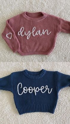 Customizable baby name knit sweater - hand embroidered and made to order! Perfect item for baby name announcements, baby birthday presents / milestones, holiday gifts, grow-with-me sweaters, and more!  Please enter customization details in the personalization section. If you have specific color requests (for sweaters or yarn), please send me a message. I can usually acquire the materials needed for special requests.  Each sweater is one-of-a-kind hand embroidered with love. Typical turn around time is 2 weeks, but please send me a message if you need a quicker delivery.  Return policy: Since each item is hand made to order, I am unable to accept exchanges/returns.  Care: Please wash in cold water, inside out and use a delicate bag if possible. To get the longest life span out of your sweat Personalised Jumpers, Name Sweater, Baby Name Announcement, Handmade Sweater, Thick Yarn, Baby And Toddler, Baby Name, Baby Sweaters, Baby Birthday