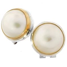 925 Sterling Silver White Mabe Pearl Gold Plated Rim Sterling Omega Stud Earrings, 5/8"    Hook Style:  Post-back Earring Material:  925 sterling silver, Vermeil gold plated Earring Size:  18mm(3/4") Earring Weight:  ~4grams/ea Pearl Type:  Cultured white mabe pearl(15mm) Mabe Pearl, Pearl Types, Silver Drop Earrings, Gold Plated Earrings, Sterling Silver Studs, Sterling Silver Earrings Studs, 925 Sterling Silver Earrings, Gorgeous Earrings, Fine Jewellery Earrings