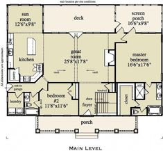 the main level floor plan for a home with two bedroom and an attached garage area