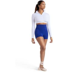 Elevate your dance game in the High Waisted Short. Made of a nylon and spandex blend that is both soft and resilient, these shorts feature an elastic-free waist that can be left as is or folded over for a low-rise look. Perfect for studio, gym, and everyday wear. Available in both adult and child sizes. Fitted Dancewear Bottoms For Barre, Fitted Nylon Shorts, Fitted Nylon Shorts Short Length, Fitted Ballet Bottoms For Dance Class, Stretch Ballet Bottoms For Dance Class, Flexible Dancewear Bottoms For Dance, Blue Brief Sports Shorts, Fitted Tights With Built-in Shorts, High Stretch Dancewear Bottoms For Dance