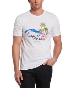 Bring vacation vibes to everyday wear with this short sleeve men's t-shirt from Cubavera. The soft cotton jersey fabric is lightweight and breathable for all-day comfort and the easy crew neck collar is a casual classic. The colorful "Escape to Paradise" print adds tropical flavor to any outfit, whether you're hitting the beach or hitting the town. 100% Cotton Classic Fit Jersey Fabrication Is Soft And Smooth, Providing Comfort For The Wearer Comfortable Crew Neck Collar "Escape To Paradise" Pri Relaxed Fit Cotton T-shirt For Vacation, Cotton T-shirt With Front Print For Vacation, Casual Cotton T-shirt For Vacation, Vacation Graphic Tee With Crew Neck, Vacation Cotton T-shirt With Text Print, Vacation Graphic Tee With Front Print, Graphic Cotton T-shirt For Vacation, Vacation Cotton Crew Neck T-shirt, Vacation Cotton Graphic Tee