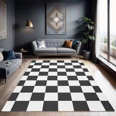 a black and white checkered rug in a living room