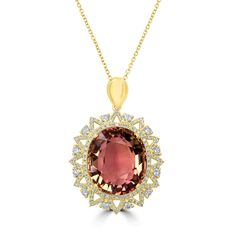 Crafted of rich 18K yellow gold, wear this striking pendant to nail the perfect look each time. Set with a gorgeous oval cut Tourmaline, it is bordered by shimmering round cut Diamonds that spread a marvelous glow everywhere you go. Tanzanite Pendant, Tourmaline Pendant, Pink Gemstones, I Love Jewelry, Tourmaline Gemstone, Peach Pink, Metal Color, Round Cut Diamond, Diamond Gemstone