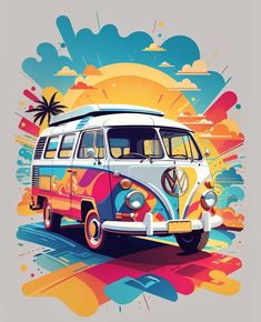 an old vw bus painted in vibrant colors