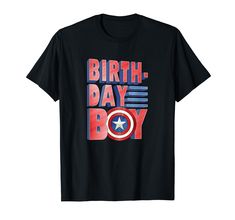 a black t - shirt with the words birth day boy in red, white and blue