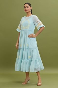 Light blue dress with thread embroidery in floral pattern and lace embellishment. Paired with slip. - Aza Fashions Work Dress Women, Light Blue Dress, Work Dresses For Women, Light Blue Dresses, Work Dress, Thread Embroidery, Thread Work, Dress For Women, Embroidery Thread