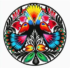 an image of colorful birds in the middle of a circular design with leaves and flowers on it