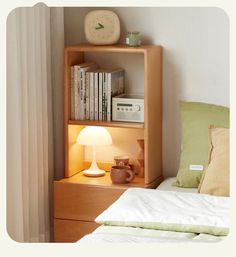 a bed room with a neatly made bed and a book shelf next to the bed