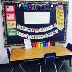 a classroom desk with chairs and a bulletin board