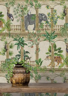 an animal themed wallpaper with zebras, tigers and other wild animals on it