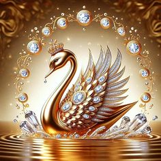 a golden swan with jewels on its back in the water, surrounded by gold and diamonds