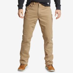 Men's Fleece-lined Flex Mountain Jeans | Eddie Bauer Outlet Outdoor Fitted Cotton Jeans, Casual Cotton Pants For Outdoor Work, Rugged Cotton Jeans With Pockets, Cotton Jeans For Everyday Winter Wear, Outdoor Cotton Bottoms With Five Pockets, Everyday Winter Cotton Jeans, Rugged Khaki Cotton Bottoms, Rugged Cotton Jeans With Relaxed Fit, Rugged Outdoor Cotton Jeans