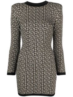 monogram-print wool-blend dress from Balmain featuring black/white, wool blend, stretch-design, monogram jacquard, round neck, shoulder pads, long sleeves and straight hem.This piece fits true to size. We recommend you get your regular sizeModel is 1,75m / 5ft 8in wearing size 36 (FR) Balmain Clothing, Balmain Dress, Paris Dresses, Jacquard Knit, Vestido Casual, Knit Mini Dress, Wool Dress, Lady Dior, Mini Black Dress