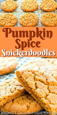 pumpkin spice cookies stacked on top of each other with the words, pumpkin spice snickero