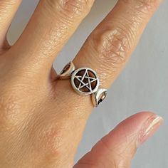 925 sterling silver Height: 9.9 Finish: oxidized Can be worn: on multiple fingers  Symbolizes: divinity, faith, nature, the passing and return of its seasons Pentagram Ring, Silver Moon Ring, Ring Moon, Witch Fashion, Moon Ring, Palm Beach Gardens, Silver Moon, Ring Silver, Rings Statement