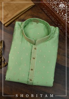 Item: Pista Green Kurta with Sandalwood Pajama Detailing around the neckline and sleeves is done. No Lining. Any celebration gets sweeter when it is done in 'Desi' style! Blending the best of tradition, trend, style, ease, and comfort, our men's line comes in elegant hues that can brighten any occasion. You can wear this Kurta with the Pajama that it comes with or sport a casual Indo-Western look by pairing it over jeans! This Kurta in multiple sizes, please refer to the size chart below for act Pista Green, Mens Kurta Designs, Mens Kurta, Desi Style, Kurta Pajama, Western Look, Trend Style, Handmade Gift Wrap, Indo Western