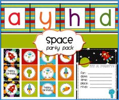 a space party pack with the word's name on it and an astronaut theme