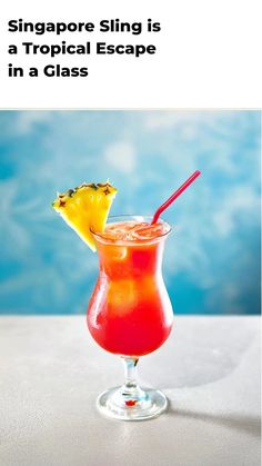 an advertisement for a tropical drink with a pineapple on the top and a red straw sticking out of it