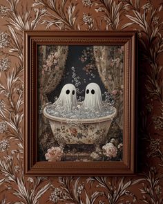 two ghost figures sitting in a bathtub with flowers on the wall next to it