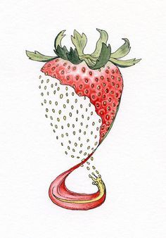 a drawing of a strawberry on top of a red object in the shape of a worm