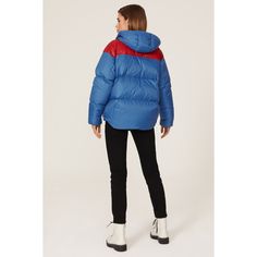 Blue nylon (100% Nylon). Puffer. Long sleeves. Front zipper closure. 33.5" from shoulder to hemline. Imported. Blue Puffer Jacket With Padded Collar For Fall, Casual Blue Down Outerwear, Blue Nylon Puffer Jacket For Fall, Blue Padded Collar Outerwear For Fall, Blue Nylon Outerwear For Fall, Blue Functional Puffer Jacket For Fall, Blue Sporty Puffer Jacket For Winter, Blue Outerwear With Ribbed Cuffs For Fall, Blue Nylon Puffer Jacket For Spring