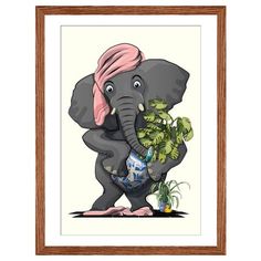 an elephant with a pink turban holding a potted plant