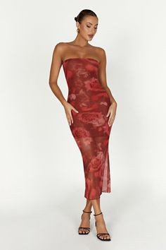 Aphrodite Strapless Mesh Dress - Oversized Rose Print - MESHKI U.S Birthday Pose, Cross Heels, Meshki Dresses, Dresses Date Night, Mesh Midi Dress, Strapless Neckline, Beautiful Night, Date Night Dresses, Tube Dress