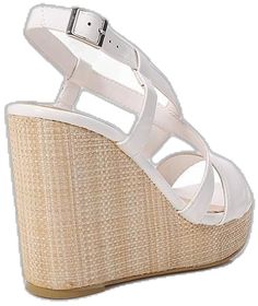 White Strappy Heels For Vacation, White Strap Sandals For Vacation, White Synthetic High Heel Wedge Sandals, White Closed Toe Synthetic Wedge Sandals, Strappy Open Toe Heels For Vacation, White Wedge Sandals With Heel Strap For Summer, Chic Strappy Wedge Sandals For Vacation, Strap Open Toe Heels For Vacation, White Strappy Beach Heels