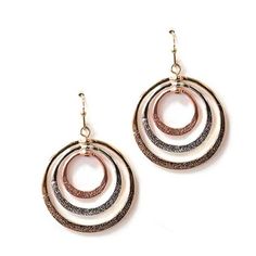 Triple Metal Ring Earrings Size: 1 1/8 X 1 1/8 Inches Circle Metal Jewelry For Anniversary, Rose Gold Circular Metal Jewelry, Circular Metal Jewelry For Anniversary, Rose Gold Metal Hoop Jewelry, Rose Gold Sterling Silver Circle Earrings, Rose Gold Circle Sterling Silver Earrings, Rose Gold Hoop Jewelry, Metal Circle Earrings For Anniversary, Rose Gold Metal Hoop Earrings For Anniversary