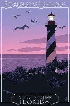 a lighthouse with seagulls flying in the background and an ocean sunset behind it