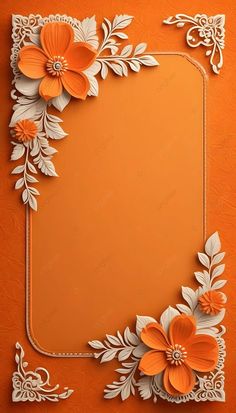 an orange background with white flowers and leaves on the corner, in the center is a gold frame