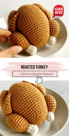 a crocheted stuffed turkey on a plate with the words roasted turkey written below it