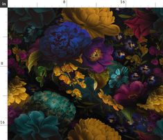 a large group of colorful flowers on a black background with white ruler in the foreground