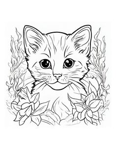 a black and white drawing of a cat with flowers around its neck, looking at the camera