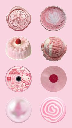 different types of ice creams on pink and white plates, with the same design