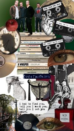 collage of various images including an apple, clock and other things in the background