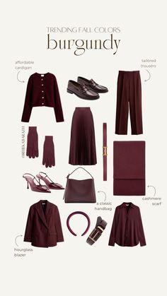 (Aff links) shop your fave burgundy pieces from cardigans and hourglass blazers to chic accessories, like belts and headbands 💫  burgundy palette | fall trends | f/w trends | what to wear | fall style Brick Red Color Palette Outfit, Color Palette Bordeaux Burgundy, Soft Autumn Burgundy, 2024 Autumn Trends, Deep Winter Romantic Style, Burgundy Trend 2024, 2024 Winter Color Trends, Burgundy Belt Outfit, Wine Red Outfit Ideas